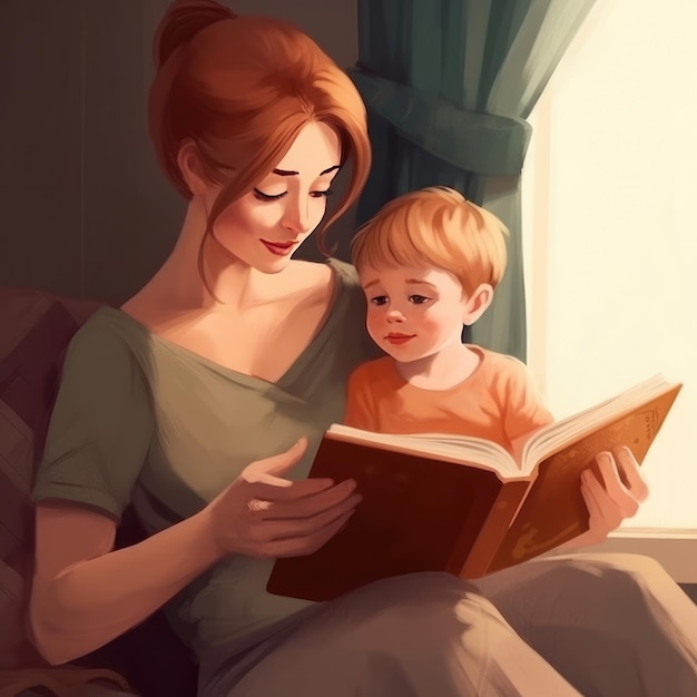 Une femme et un enfant lisant un livre.