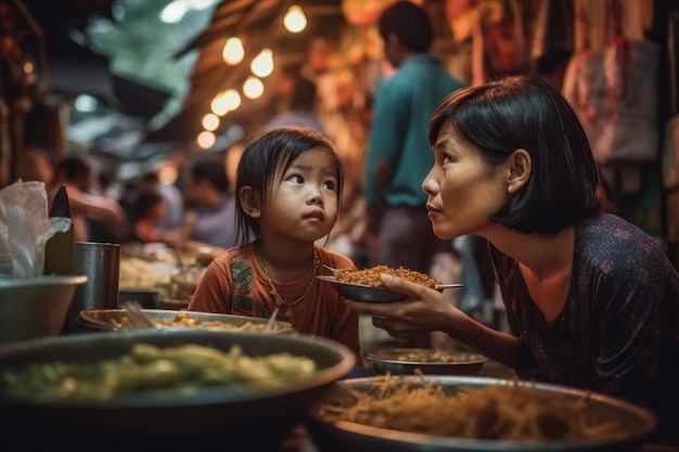 Une femme et un enfant mangeant des nouilles dans un marché alimentaire.
