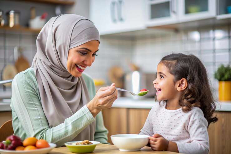 Photo une femme et un enfant mangent de la nourriture avec une cuillère