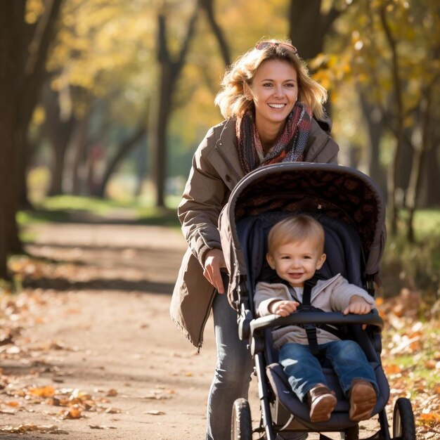 une femme et un enfant marchent dans un parc avec une poussette