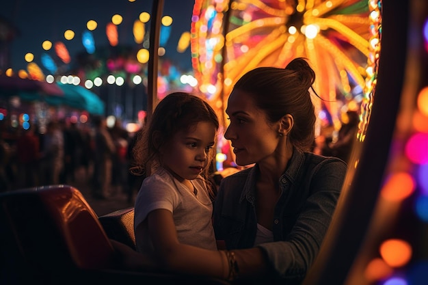 Une femme et un enfant montent dans un carrousel la nuit.