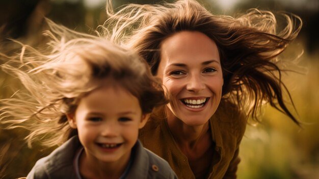 Photo une femme et un enfant qui courent et sourient.