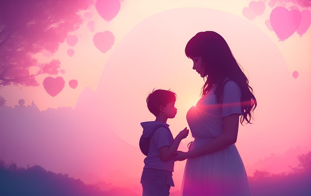 Une femme et un enfant regardent le coucher du soleil.