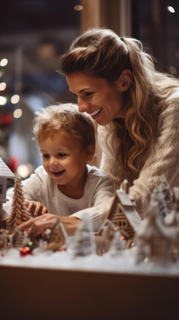 Une femme et un enfant regardent un village de Noël.