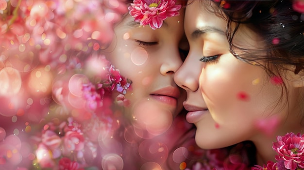 Une femme et un enfant s'embrassent dans un champ de fleurs