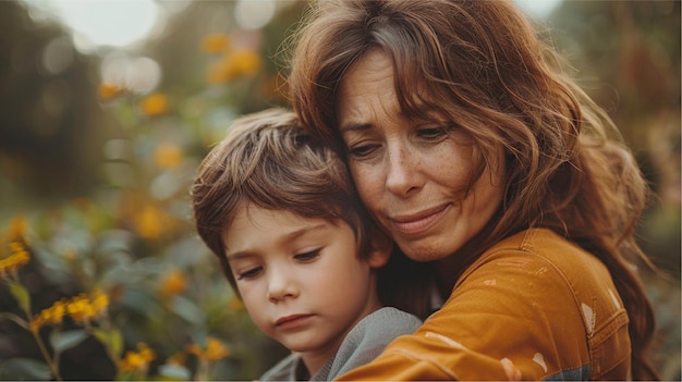 une femme et un enfant s'embrassent et les mots non