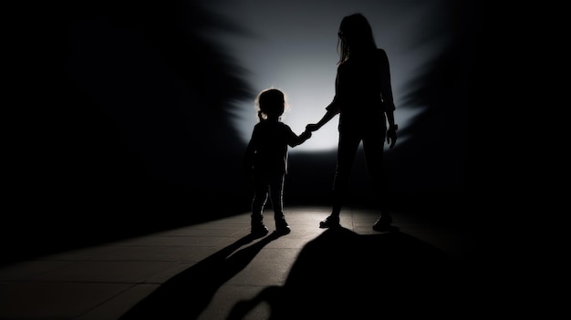 Une femme et un enfant se tenant la main dans une pièce sombre.