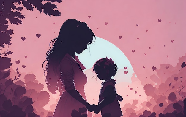 Une femme et un enfant se tenant la main devant un fond rose avec des coeurs en bas.