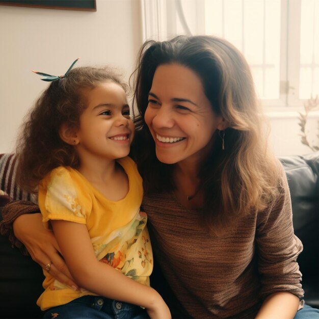 Une femme et un enfant sont assis sur un canapé et sourient.