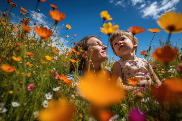 Une femme et un enfant sont assis dans un champ de fleurs.