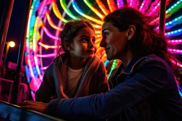 Une femme et un enfant sont assis devant un écran lumineux coloré.