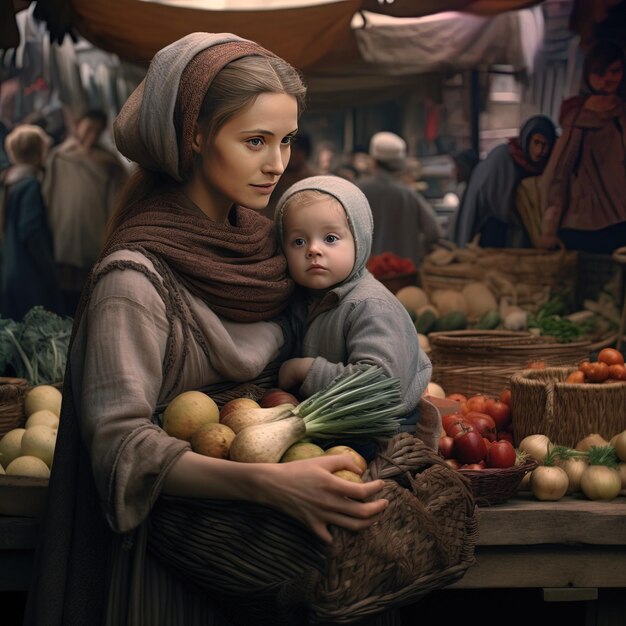 une femme et un enfant sont assis devant un marché avec des légumes