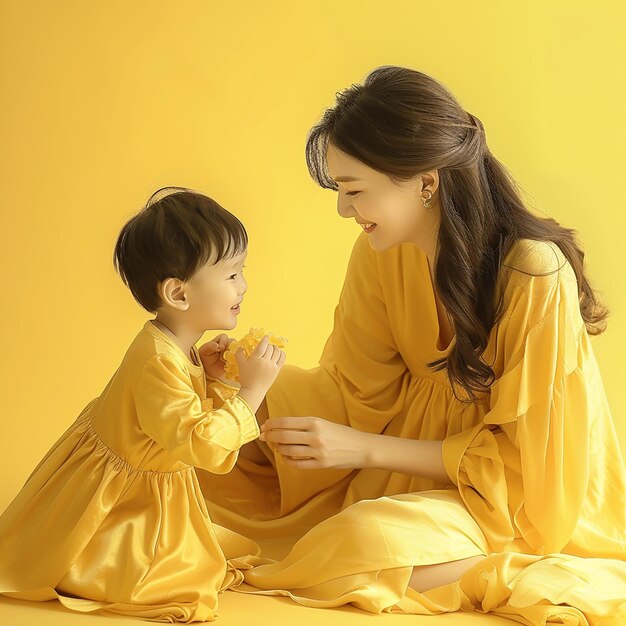 une femme et un enfant sont assis sur le sol et se regardent