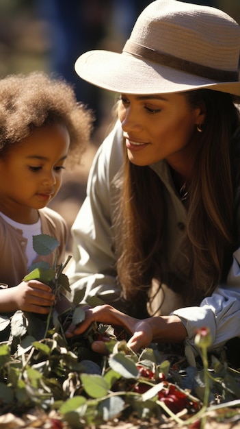 Une femme et un enfant sont dans l'herbe ai