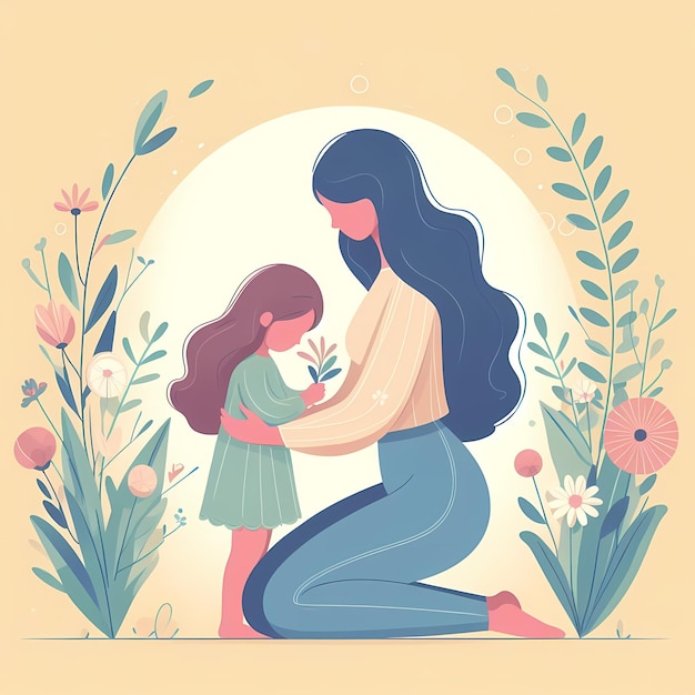 une femme et un enfant sont dans un jardin avec des fleurs et des plantes