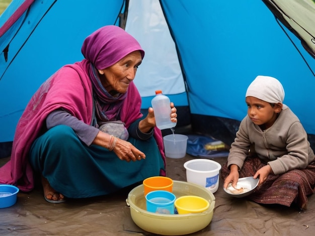 une femme et un enfant sont à l'extérieur d'une tente avec des seaux et des seaux