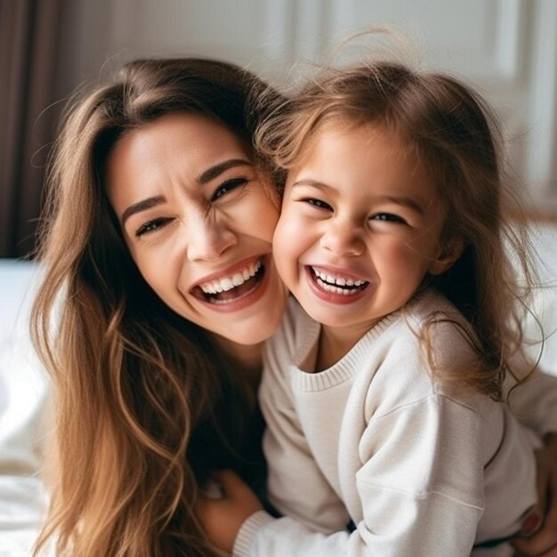 une femme et un enfant souriants avec les mots heureux sur le visage