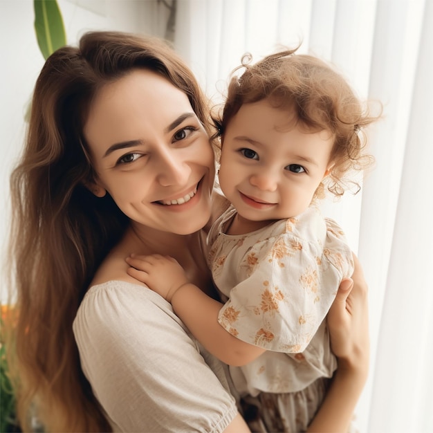 Une femme et un enfant sourient et la femme la tient.