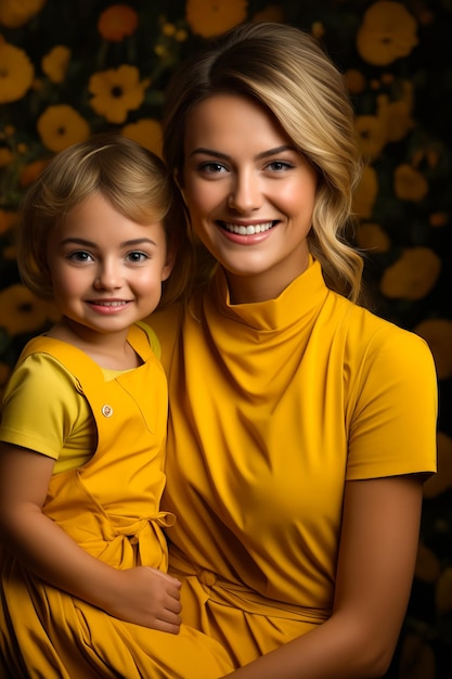 La femme et l'enfant sourient pour la photo AI générative