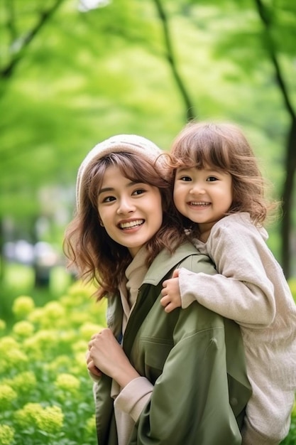 une femme et un enfant sourient et se tiennent la main.