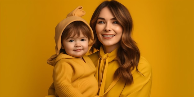 Une femme et un enfant en tenue jaune posent pour une photo sur fond jaune.