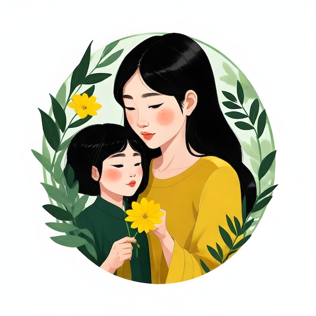 une femme et un enfant tiennent une fleur jaune