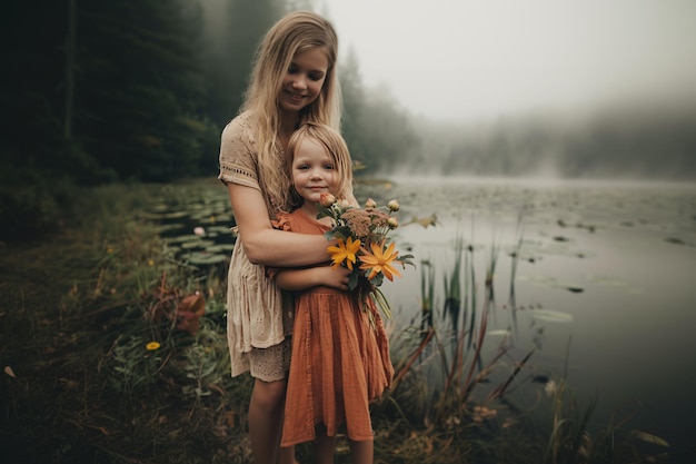 Photo une femme et un enfant tiennent des fleurs au bord d'un lac.