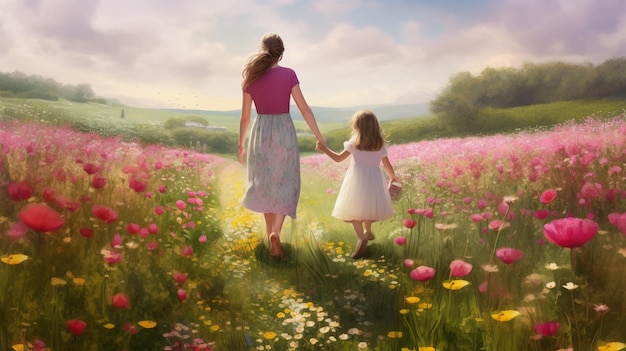 Une femme et un enfant traversent un champ de fleurs.