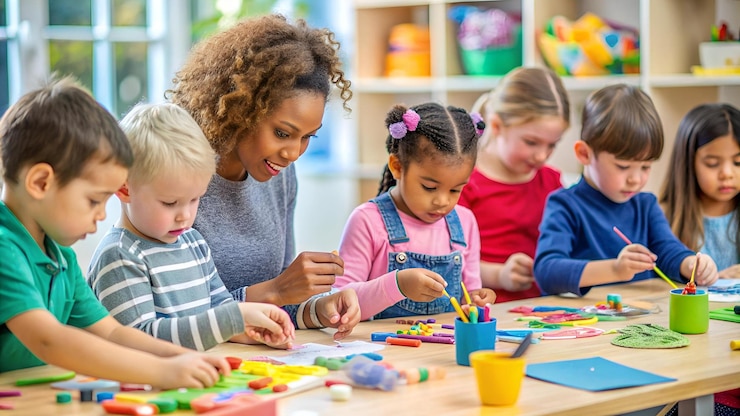 Photo une femme et des enfants jouent avec un enfant avec un puzzle coloré