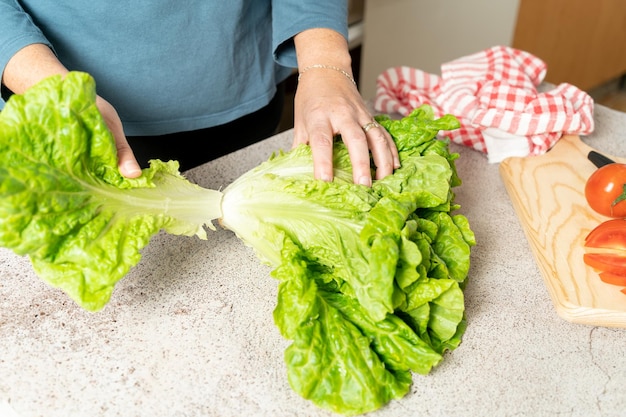 La femme enlève les feuilles de laitue verte pour faire de la salade Concept pour préparer des aliments sains et délicieux