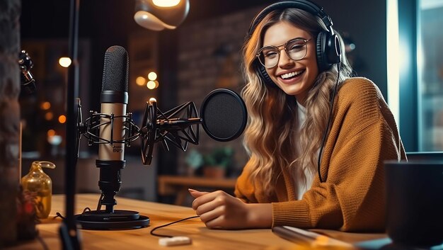 Femme enregistrant un podcast sur son ordinateur portable avec un casque et une podcasteuse au microscope