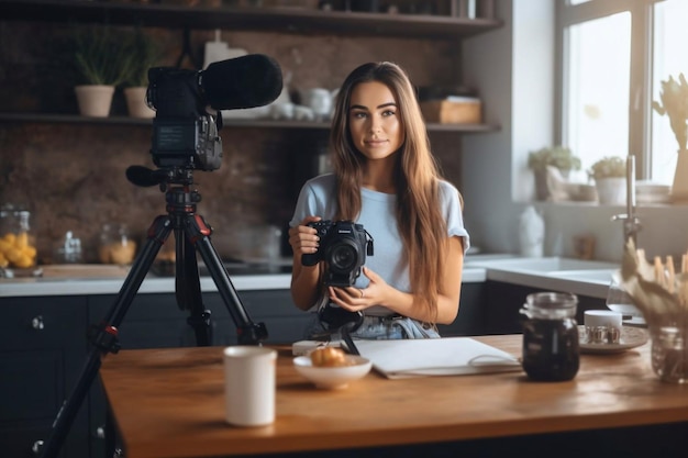 Femme enregistrant un podcast sur son ordinateur portable avec des écouteurs et un microscope Femme podcasteur faisant un podcast audio depuis son home studio Generative AI