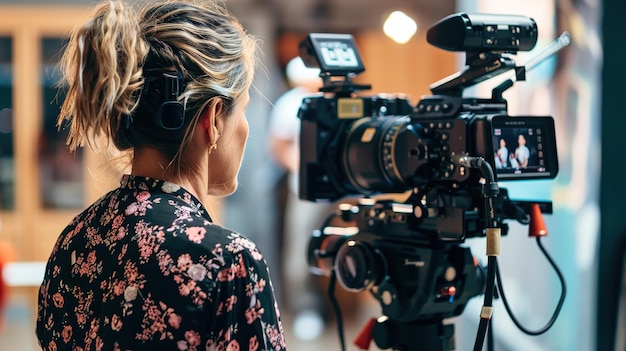 une femme enregistre une caméra vidéo avec une caméra