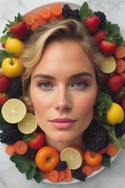 Une femme entourée de fruits et légumes générés par l'IA