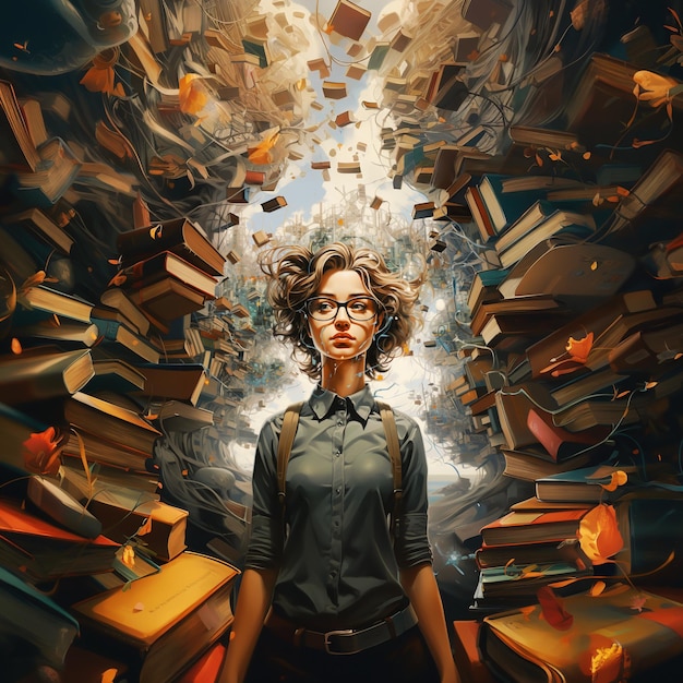 Femme entourée de livres esprit créatif explosant le cerveau plein d'idées et d'éducation à l'imagination