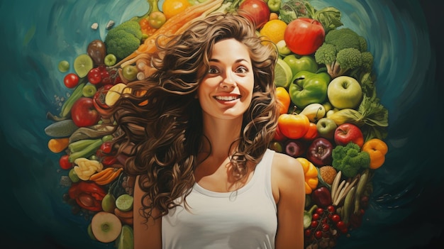 Une femme entourée d'un tas de fruits et légumes ai