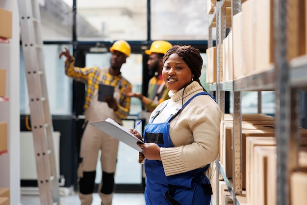 Photo une femme de l'entrepôt souriante, directrice de la distribution, regarde la caméra et écrit sur le bloc-notes. une femme afro-américaine, directrice d' entrepôt, portant des vêtements de travail, se tient dans la salle de stockage.