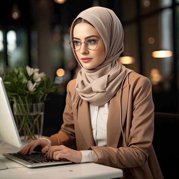 Femme entrepreneur confiante utilisant un ordinateur portable dans un environnement de bureau diversifié