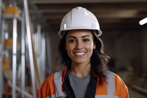 femme entrepreneur en construction ouvrière portant un casque d'équipement de sécurité avec fond de site de construction