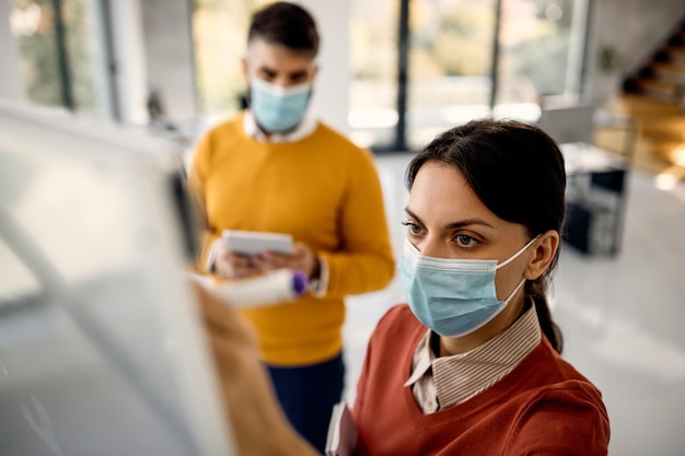 Femme entrepreneur avec des masques faciaux dessinant des idées commerciales sur un tableau blanc au bureau