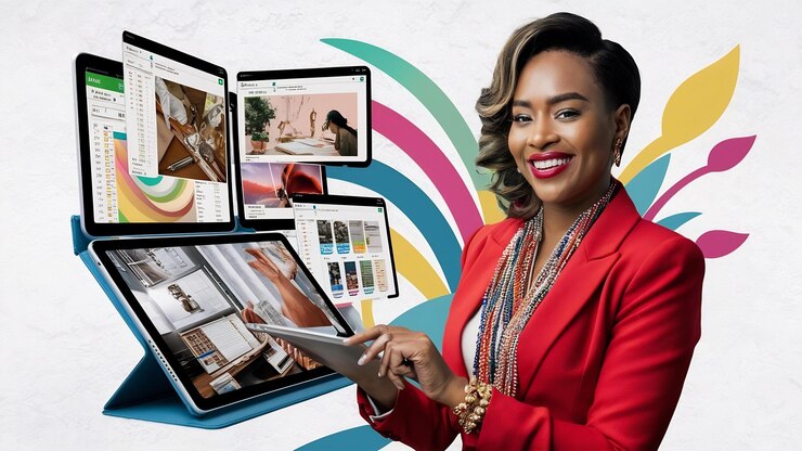 Photo une femme entrepreneur positive avec une tablette