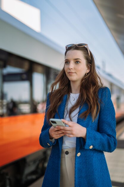 Femme entrepreneur se rendant au travail Utiliser et tenir un téléphone portable Concept de transport public