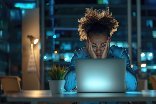 Photo une femme entrepreneur stressée, inquiète et fatiguée, tapant sur un ordinateur portable et faisant des heures supplémentaires tard dans la nuit.
