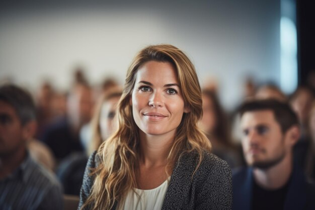 Une femme entrepreneure professionnelle à succès donnant un séminaire devant le public