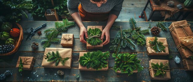 Une femme enveloppe un cadeau de fin d'année et attache un nœud. Des cadeaux et des rouleaux sont emballés sur une table en bois délabrée avec des branches d'épinette et des outils.