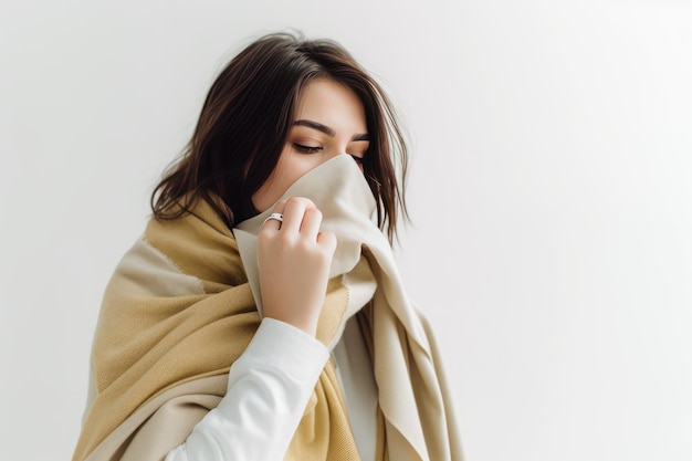 Une femme enveloppée dans une couverture couvrant sa bouche à l'intérieur