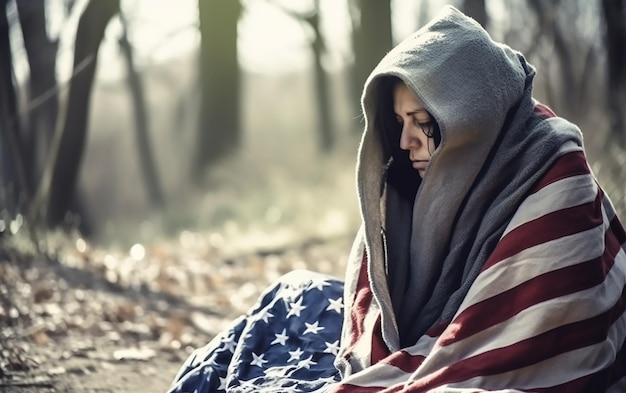 Photo une femme enveloppée dans une couverture est assise dans les bois avec un drapeau sur sa capuche