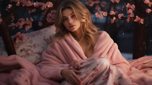 Une femme enveloppée dans une couverture rose assise sur le lit