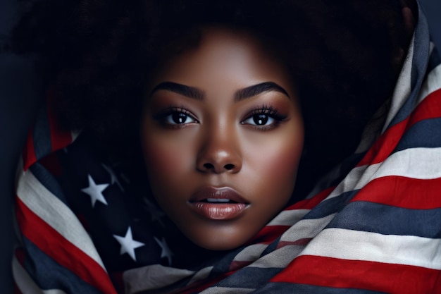 Femme enveloppée dans le drapeau des états-unis 4 juillet concept juneteenth