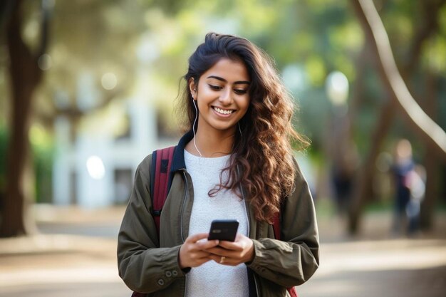 une femme envoie des SMS sur son téléphone et sourit.